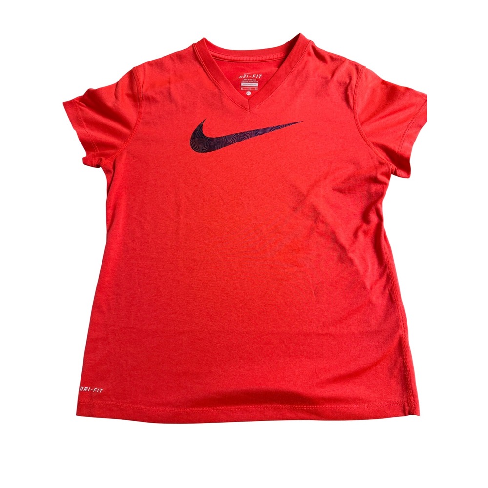 Nike Dri-FIT Womens Red V-Neck Short Sleeve Graphic Swoosh T-Shirt XL